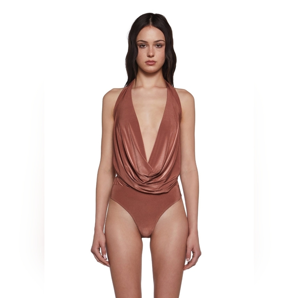Blue Blush Brown Halter Deep Cowl Neck Bodysuit Size Small